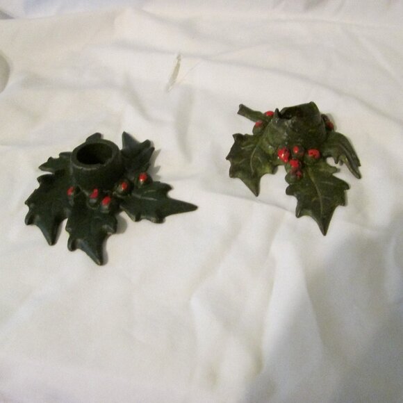 2 Vintage  Christmas Cast Iron Holly Candle Holders - Picture 1 of 10